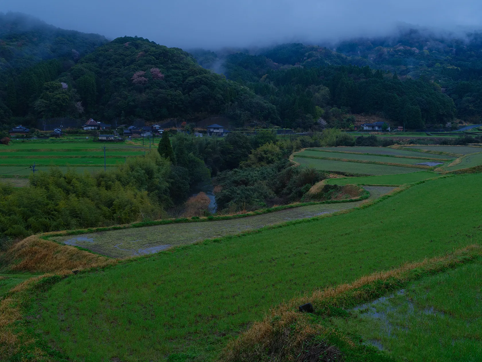 田園の向こうの山岳風景に深い霧がかかる（宇佐市安心院町）