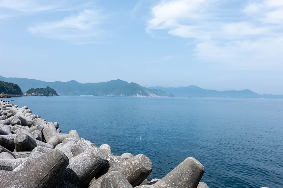 広場を出ると広がる津久見湾の景色。半島の複雑なリアス海岸が景観をさらに豊かなものにしている