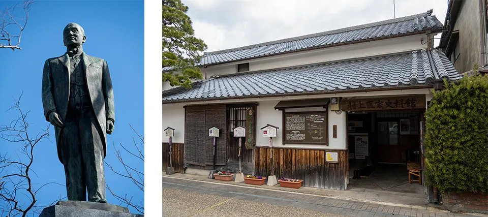 （左）中津城の駐車場に立つ小幡英之助像。（右）諸町通りの村上医家史料館では村上玄水関連の資料が展示されている
