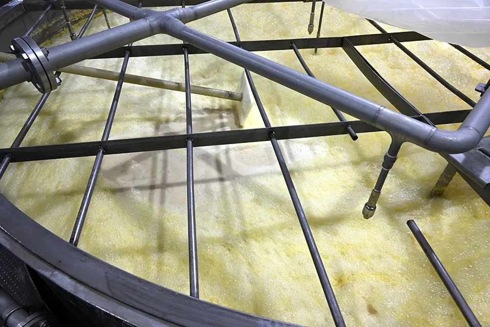 ぶくぶくと泡を立てて発酵しているもろみ。画面左上から中央上に見えるのがかき混ぜる櫂棒（写真：三井公一）