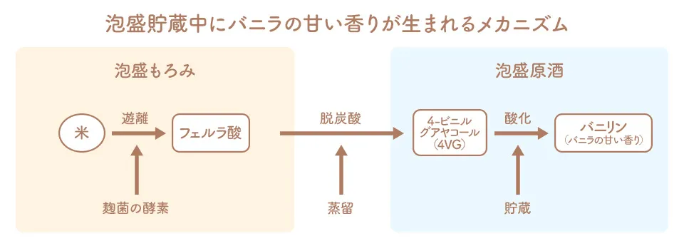 泡盛貯蔵中にバニラの甘い香りが生まれるメカニズムを示す図