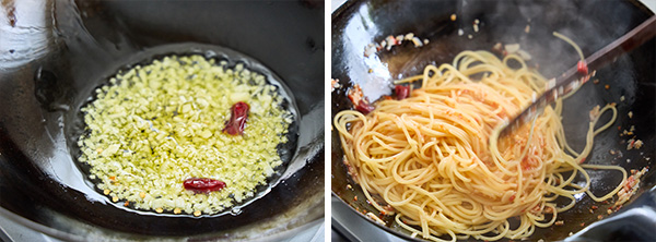 マッサ・デ・ピメントとにんにくのパスタ パルメザンチーズがけの作り方