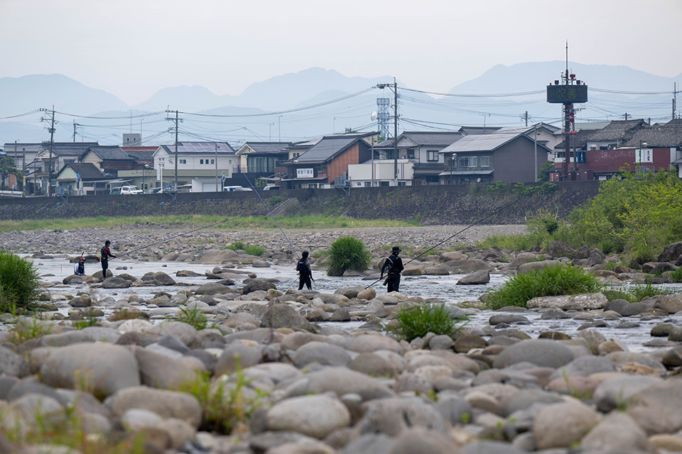 三隈川でアユ釣りを楽しむ釣り人たち